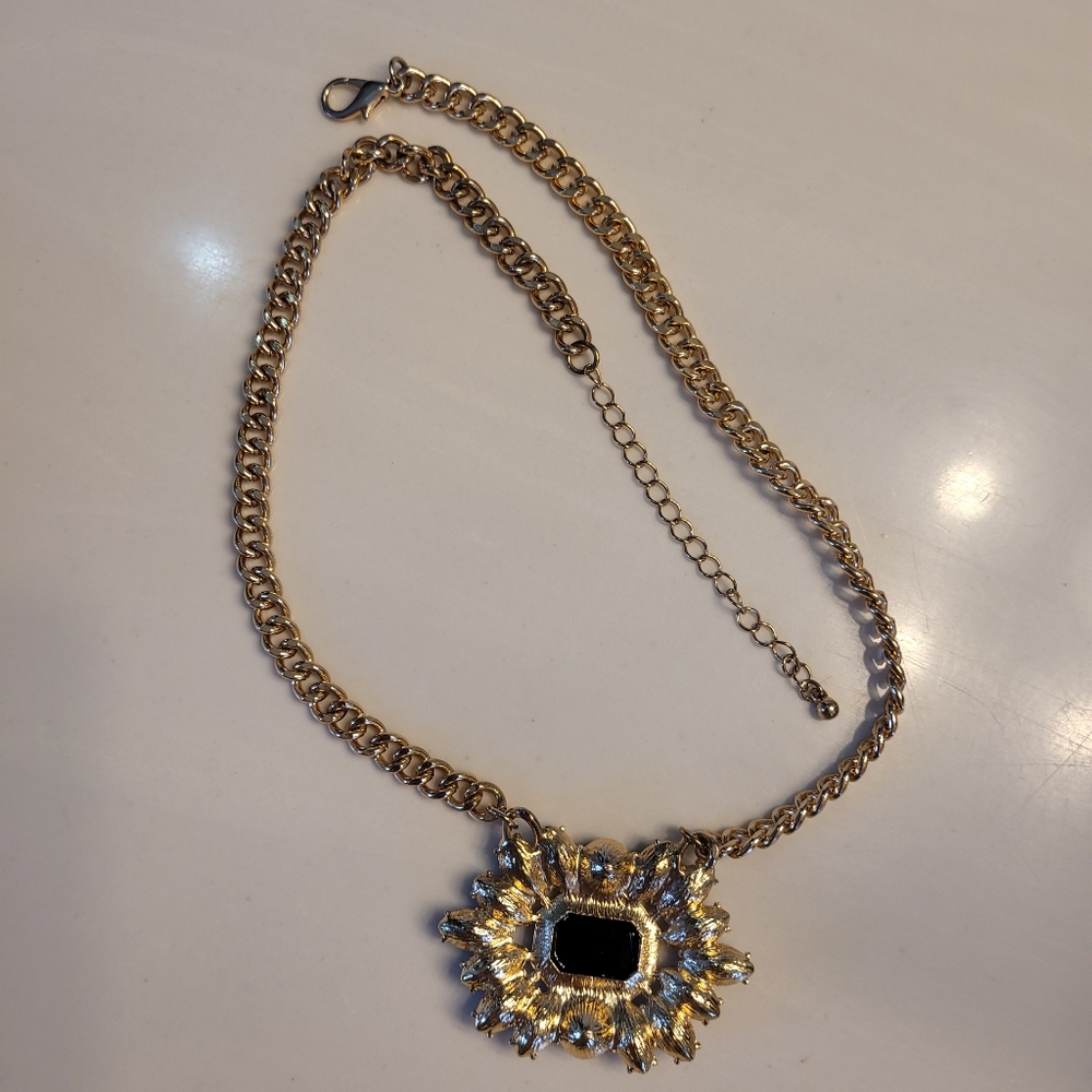Black Crystal Pendant Gold-tone Statement Necklace - Picture 4 of 6